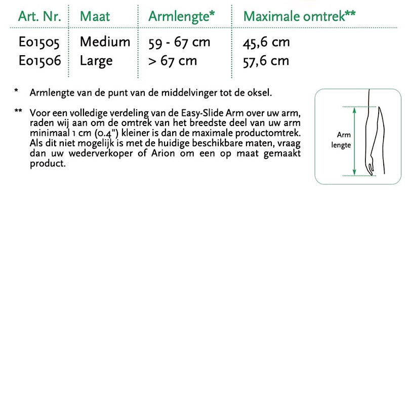 Maattabel slide arm 